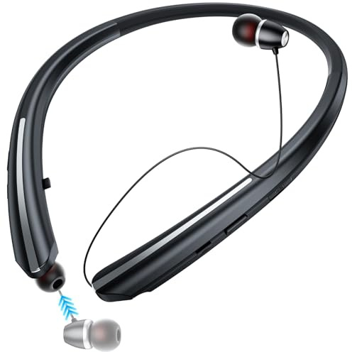 ZHAOGE Bluetooth Headphones Neckband, Retractable Headset Wireless Sports Earbuds Noise Cancelling Stereo Earphones with Microphone, IPX5 Sweatproof, Compatible with iPhone Android (Black)