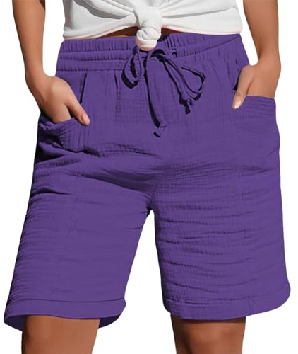 Ladies 3/4 Shorts Linen Shorts Women Summer Knee Length Cropped Trousers Ladies Solid Drawstring Hot Pants with Pockets Half Length Capri Bermuda Pants Purple