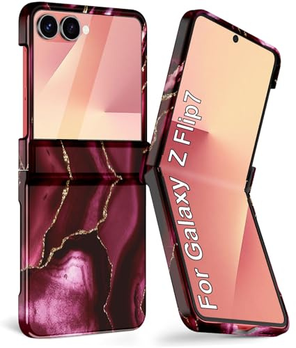 Btscase for Samsung Galaxy Z Flip 7 Case,Built in Front Screen Protector,Gold Glitter Marble Pattern Hard PC Slim Shockproof Full Body Drop Protective Case for Galaxy Z Flip 7 5G (2025), Coral Red