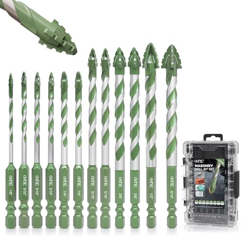 Masonry Drill Bit Set 12 Pcs (1/8-9/16), Four Blade Serrated Eccentric YG6T Carbide Drill Bits for Concrete, Cement, Brick, Tile, Marble, Glass and Wood, 1/4 Hex Shank, with Storage Case