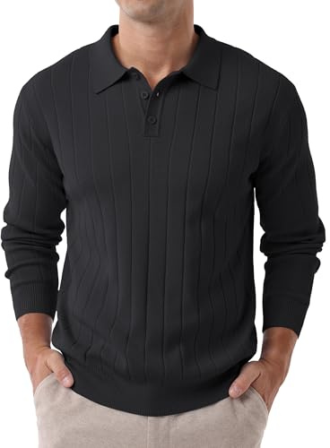 Hisir Mens Polo Jumpers Long Sleeve Winter Knit Sweater Shirts Regular Fit Casual Classic Vertical Stripes Tops