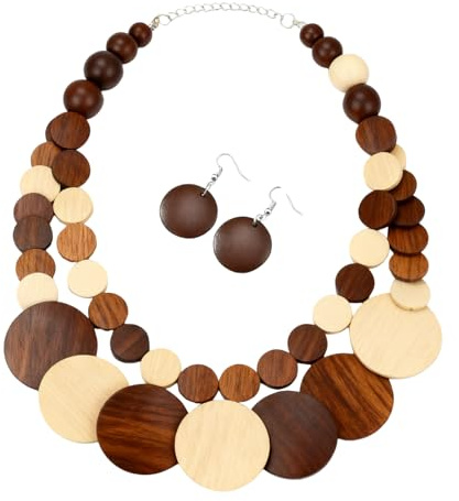 GIKILEE Chunky Wood Beaded Necklace Earrings Set African Tribal Collar Choker Necklace Geometric Ethnic Statement Jewelry-brown
