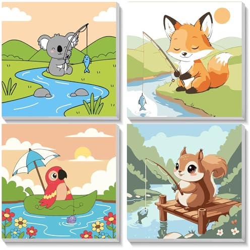 NEWENMO 4-pack Måla efter Nummer Djur med Ram, Koala Räv Papegoja Ekorre Mönster på Canvas, Måla efter Nummer-set, DIY Akryl-oljemålning för Hemdekoration 20x20cm