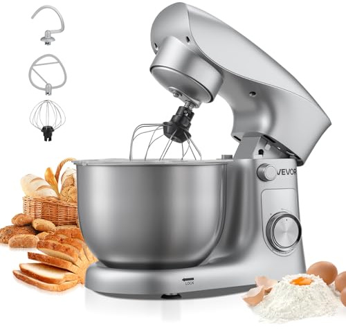 VEVOR knådningsmaskin köksmaskin för bakning, 1 500 W degmaskin med skål i rostfritt stål (4,2 l) & degkrok och visp, 10 växlar justerbar lutbar omrörningsmaskin stående mixer