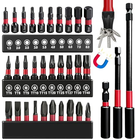 Juego de 33 portabrocas con extensión de broca de 60/100/150 mm, brocas Allen/brocas Torx/juego de brocas de conector combinado, fabricado en acero S2 con vástago hexagonal de 1/4 de pulgada, adecuado