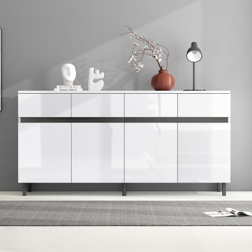 Merax Hochglanz Sideboard 160 cm, Modernes Design mit 4 Schubladen, 2 Türen & höhenverstellbaren Regalböden, Eleganter Kommodenschrank für Wohnzimmer, Küche, Flur – Weiß mit schwarzen Akzenten