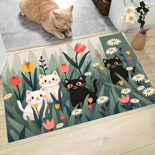 60X90Cm Alfombra Interior Antideslizante Y Absorbente Gato Dibujos Animados Arbustos Flores, Alfombra Lavable De Microfibra Pelo Corto Ilustración Animales Para Entrada Cocina Baño Y Mascotas, Verde