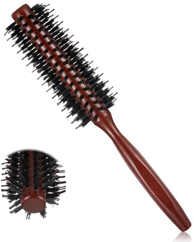 Round Boar Bristle Hair Brush, Roller Brush for Blow Drying with Wooden Handle Small Round Hairbrush for Women Men Fine Hair Straightening Curling Volumizing Volumizing Detangling
