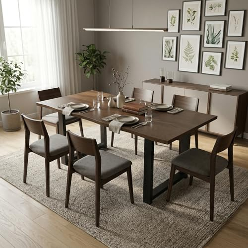 DEZAGCE Solid Wood Dining Table 160x80cm for 4-6 People, Industrial Rectangular Kitchen Table with 30mm Thick Walnut Top & Heavy-Duty Black Metal Legs, FSC-Certified for Dining Room, Modern