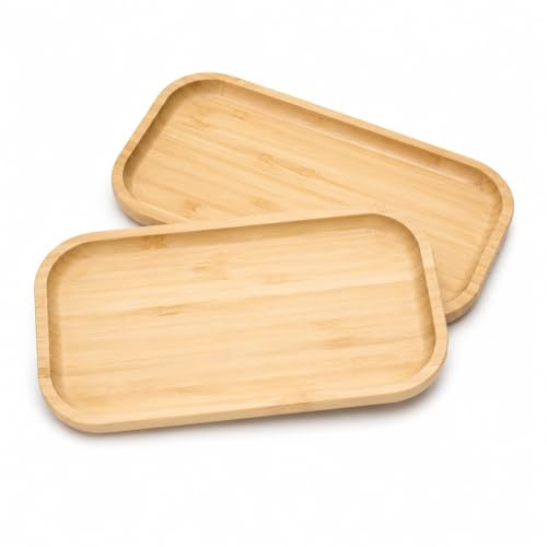 2 Piezas Bandeja de Baño de Bambú Natural, Bandeja Rectangular Multifuncional de Madera Sostenible para Cosméticos, Perfumes, Velas, Plantas y Decoración del Hogar – Medidas 25x14x2 cm