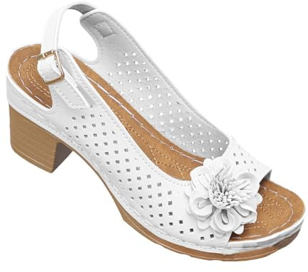 Dam blockklack sandaler öppen tå slingback skor komfort blommig urholkad sommar bröllop fest klänning sandaler, Vitt, 40 EU