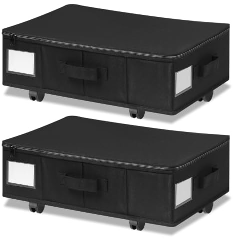 YushengTai Cajonera para debajo de la cama con ruedas, rotación de 360°, 2 unidades de 60 l, caja de almacenamiento con tapa transparente, montaje rápido, para edredones, ropa, zapatos y mantas (negro
