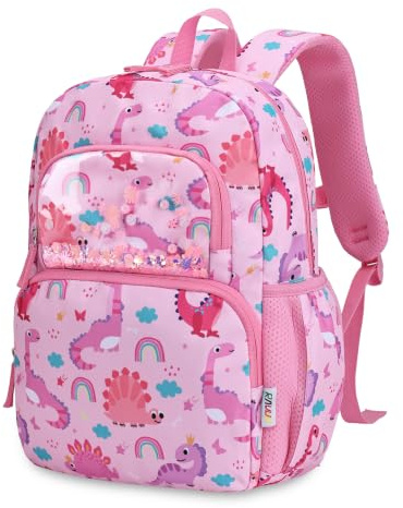 RAVUO Kids Backpack Girls,12L Primary School Bag for Ages 5–8，Pink Dinosaur | Year 1–3,Lightweight,Water-Resistant,Fits A4 Folders,Adjustable Chest Strap,Reflective Strips,Safety Whistle,Sparkly Sequins