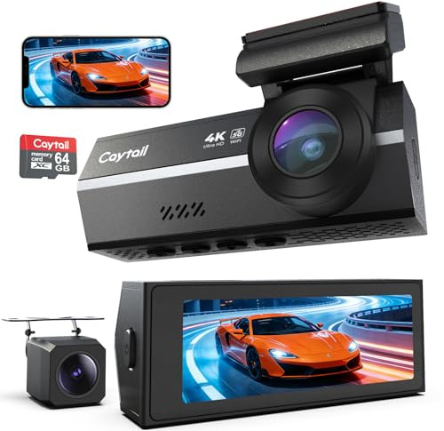 Caytail Dashcam 4K+2K Cámara de Coche Grabadora WiFi 5GHz Tarjeta 64G, Cámara Frontal y Trasera Lentes Gran Angular 170°+120°, Visión Nocturna WDR, Sensor G, Grabación en Bucle, Aparcamiento 24h