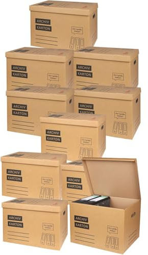 Archivkarton 10er Aktenkarton A4 Ordnerbox Archivbox Klappdeckel Stabil | BURI, je 5 Ordner, Archivschachtel, Dokumentenbox, Transportbox, Organisation, Büro, Lagerung, Wellpappe, robust