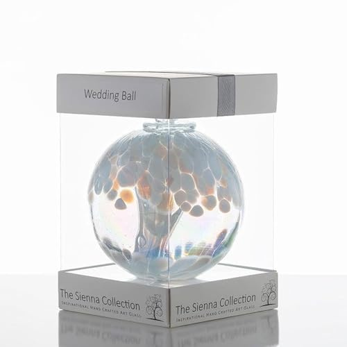 Sienna Glass 10cm White Wedding Spirit Ball – Handcrafted Mouth-Blown Glass Ornament with Internal Strands – Gift-Boxed Keepsake with Ribbon and Tag – Symbolic Wedding Decoration and Gift