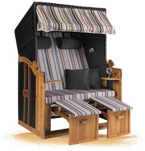 Strandkorb Hanse Strandkorb Ostsee XXL Volllieger Anthrazit - 2-Sitzer 120cm breit, ideal für Garten, Terrasse und Balkon (Oliv Grau Weiß Gestreift, Montiert)