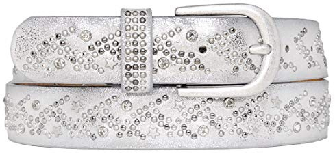 Zakatte • Damen Nietengürtel ais Kunstleder mit Strass und Sterne (95 cm, Silber)