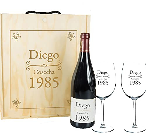 CALLE DEL REGALO Kit de Vino Personalizado: Caja de Madera + Botella de Vino Tinto + 2 Copas de Cristal | Todo Personalizado | Regalo Original para Cumpleaños, Aniversario y Jubilación
