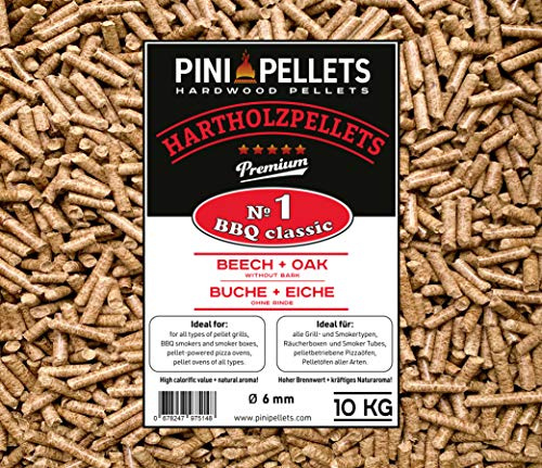 PINI Hartholz Pellets №1 BBQ Klassik 10 Kg Grillpellets zum Grillen Räuchern Smoken