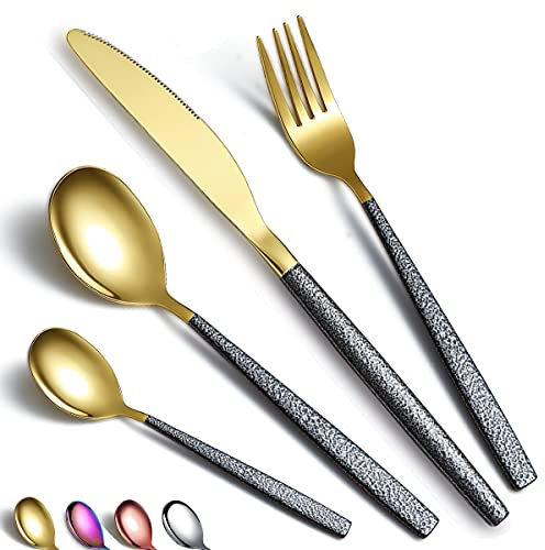 Juego de cubiertos, 24 piezas, revestimiento de cabeza dorado brillante con mango negro Mars, acero inoxidable, chapado en titanio, juego de cubiertos, juego de utensilios, servicio para 6