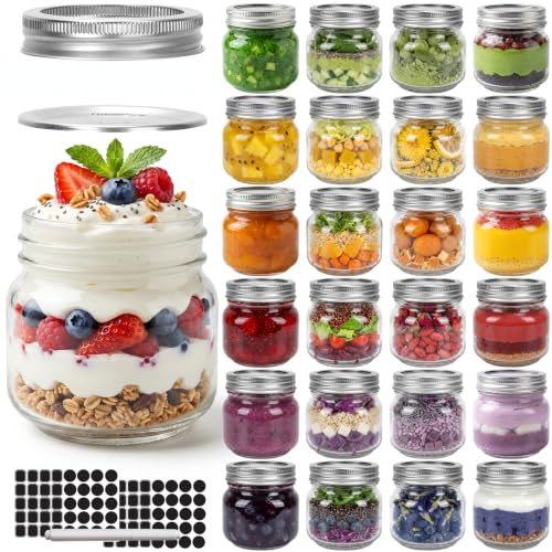 CycleMore 24 Pcs 8oz Clear Glass Mason Jars With Regular Silver Separable Lids, 250ml Round Spice Canning Jars for Honey, Jam, Herb, Wedding Favors, Kitchen Storage, DIY Souvenir