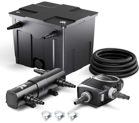 SunSun Kit complet: CBF-350 Filtre de bassin jusqu'à 12000 L Biologique, NEO8000 pompe de filtration 8000l/h 70W, CUV-236 lampe uv 36W, 10m Tuyau 38 mm, collier de serrage W1 44-47mm