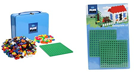 Plus-Plus 9607002 Geniales Konstruktionsspielzeug, Basic, Bausteine-Set in praktischer Metall-Box mit Henkel, 600 Teile, bunt & 9604022 Geniales Konstruktionsspielzeug, Grundplatte