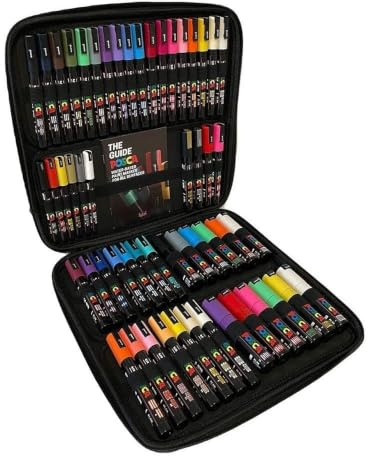 Posca Acrylic Paint Marker Pens, Standard Colours (54-Pack) | Water-Based, Non-Toxic, Suitable for All Surfaces, Various Tip Sizes, Biodegradable Packaging