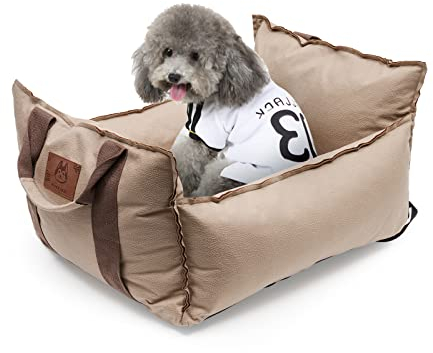 Autositzbett für Hunde Katze- hochwertige Stoffsicherheit, Mehrzweck-Haustierbett mit verdicktem Kissen und Sicherheitsgurt(Khaki) Braun