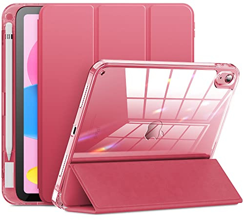 INFILAND Case for New iPad (A16) 11th Generation 2025/10th Gen 2022, iPad 11/10.9 Cover, Full Crystal Clear [ Anti-Yellowing ] with Special Slot for Pencil & Charging Adapter, Rose Pink | 2025/2022 Slim Protective Tri-fold Cover with Apple Pencil Holder & Charging Adapter Red