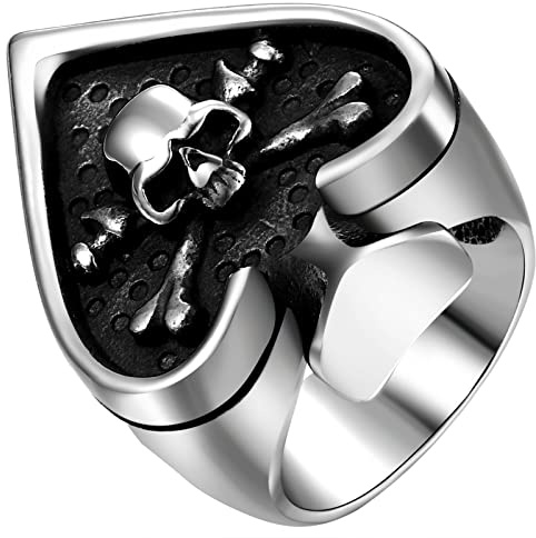 JewelryWe Schmuck Herren-Ring Edelstahl Vintage Gothic Pik Ass Poker Herz Ring Siegelringe Biker Tribal Männer Ringe Bandringe Gravur, Silber Größe 54 bis 67