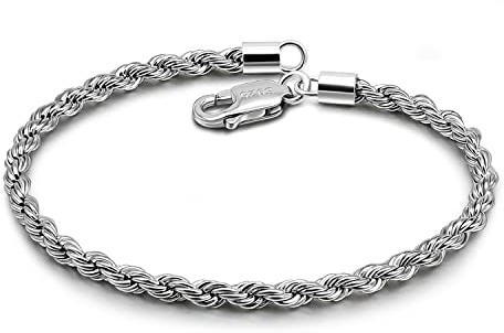 Dankadi Men Diamond Cut 925 Sterling Silver 3mm Twist Rope Chain Bracelets Women Bangle Clasp Rope Box Chain link 6.3 6.7 7 7.5 8 8.5 9 Cuff Jewelry Gifts (Silver, 6.7 inches)