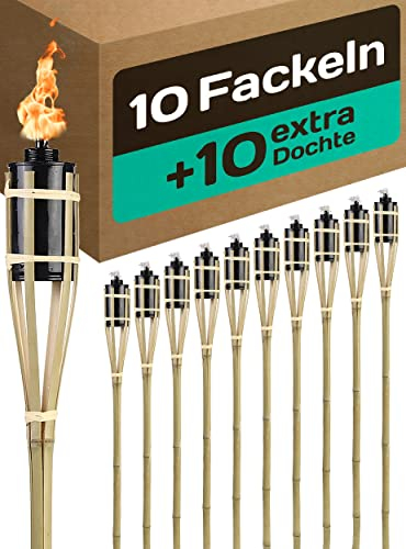 Fiaccole da Giardino in Bambù 90cm - 10 Torce con 10 Stoppini Extra - Lunga Durata di Combustione - Ricaricabile