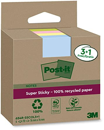 Post-it Super Sticky 100% Recycling Notes, 3+1 GRATIS-Blöcke/Packung, 70 Blätter pro Block, 76 mm x 76 mm, Pink, Grün, Gelb, Blau - Extra starke Haftnotizen aus 100% Recyclingpapier