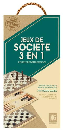 MISTER GADGET Jeu de Société 3 en 1 en Bois Échecs Dames Backgammon Marron