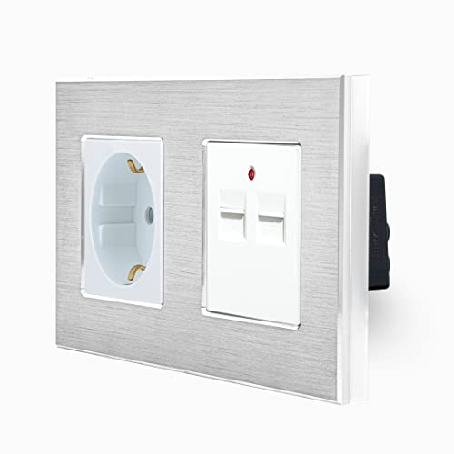 Luxus-Time Steckdose mit 2-Fache USB dose im zweifachen Aluminiumrahmen für die DE Unterputzdose Einbau Steckdose 2x USB-Dose zum aufladen von Smartphones Tablets PC uvm in Weiß LXBA2-11-71-2USB-11