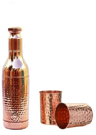 PR INTERNATIONAL Pure Copper Hammered Plain Water Bottle with Set of 2 Copper Hammered Tumbler.