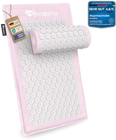 BrellaVio Akupressurmatte mit Kissen - Akkupunktur Massage Matte - Akupressur zur Entspannung für Rücken, Nacken, Schulter und Fuß - Stachelmatte gegen Verspannungen - Pastellrosa