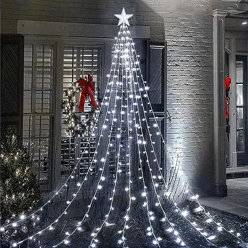 Acxilexy Waterfall Tree Lights, 2m/ 6.56ft x 9 Lines USB Christmas Tree Lights with Topper Star, 198 LEDs Waterproof Fairy Lights with 8 Lighting Modes for Indoor Outdoor Xmas Tree Garden Decor