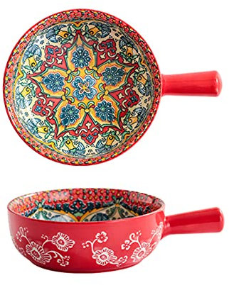 LAVAMI 600ml/20 Ounce Ceramic Baking Dish,Large Pie Plate with Handle Set of 2,Bohemian Style Bowls Microwave Safe Bowls-red-15cm (Color : Red, Size : 15cm)