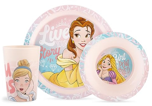 Lulabi Princess Set Pappa 3 Pezzi in Polipropilene, Rosa Decorato – Piatto Piano 20,5 cm, Piatto Fondo 15 cm e Bicchiere 24 cl, BPA Free, Idea Regalo