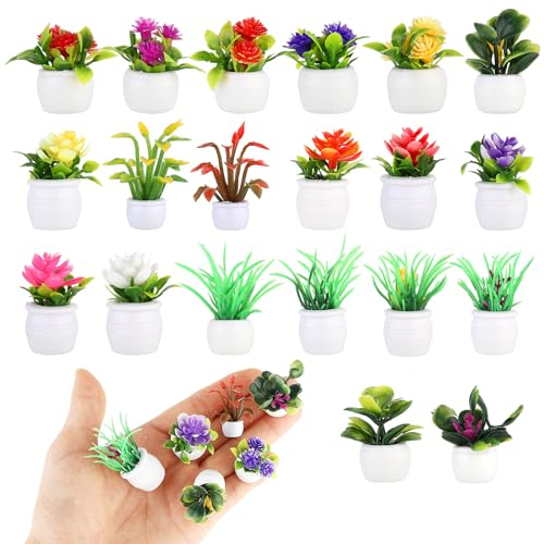 Amaxiu Lot de 20 mini pots de fleurs miniatures pour maison de poupée, plantes artificielles modèle 1:12 pour décoration de jardin et maison de poupée