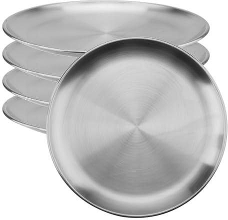 ZOENHOU 5 platos llanos de acero inoxidable de 20 cm, platos redondos para servir, platos de metal plateado resistentes a la corrosión para camping, barbacoa, picnics y uso al aire libre