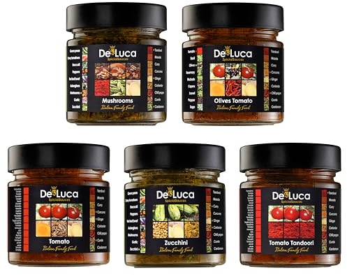 De Luca Family Food: 5 salsas Made in Italy, especiadas y listas para usar. Tomato 220gr, Tomato Tandoori 220gr, Olives Tomato 220gr, Zucchini 210gr, Mushrooms 210gr. Vegetarianos.