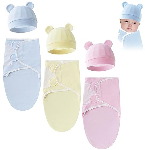 Pucksack Baby 3 Stück Set Unisex Baby Pucktuch mit Kopfschutz Mütze Baumwolle Verstellbares Wickeldecke Babyschlafsack für Säuglinge Babys Neugeborene 0-6 Monate