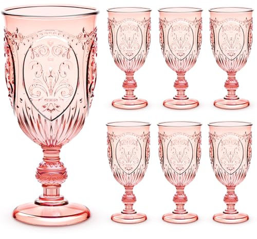 Wiwiqing 6 Pcs Plastic Goblets 7.5oz Vintage Goblet Plastic Wine Glasses Colored Retro Embossed Water Goblets for Wine Bar Juice Baby Shower Wedding Reception Grand Event Party (Pink)