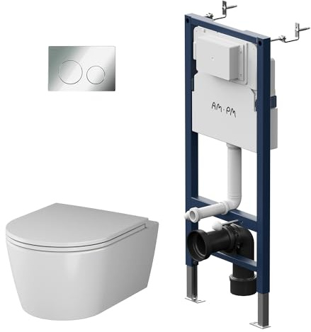 AM.PM - Hänge WC Komplettset, Vorwandelement WC Set Komplett Vormontiert (Prime Fit) + Wand WC Weiß ohne Spülrand (Func) + Drückerplatte + WC-Sitz mit SoftClose-Absenkautomatik, Toilette Komplett Set