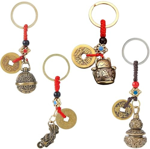 SUPERFINDINGS 4 styles Porte Clés Chinois en Vrac Porte Clés Portes Bonheur Feng Shui Portes Clé Chat Portes Bonheurs Pixiu Wu Lou Porte Clé avec Pièce de Monnaie Feng Shui pour la Longévité