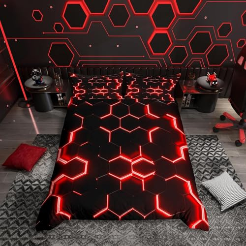 Homemissing Housse de Couette en nid d'abeille Géométrique Rouge et Noir Housse de Couette 220x240cm Hexagonal Parure de Lit Enfants Adolescents en nid d'abeille Literie Set avec 2 Taies d'oreiller